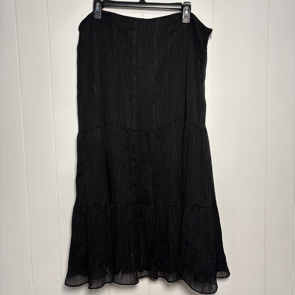 Y2K VTG Whimsigoth Black Silver Metallic Tiered Midi Skirt Plus 14W Chiffon